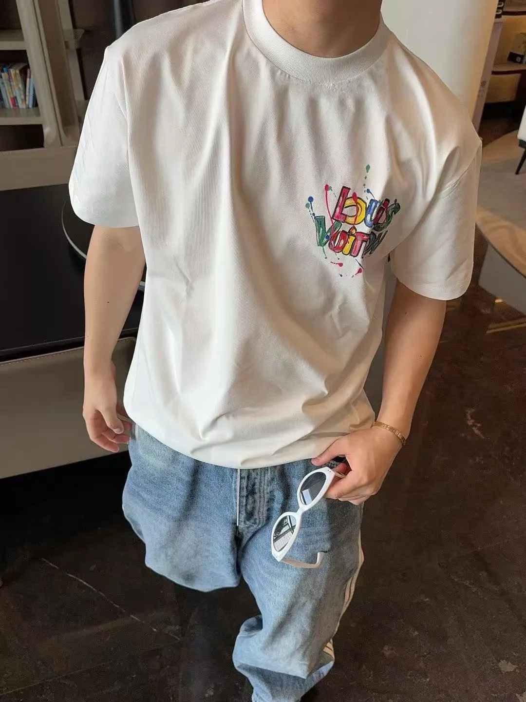Louis Vuitton/Louis Vuitton letter graffiti hand-painted short sleeves